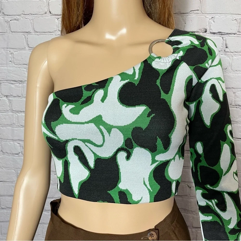 NWT New ZARA Asymmetrical Green Black Jacquard One Sleeve Top Size S